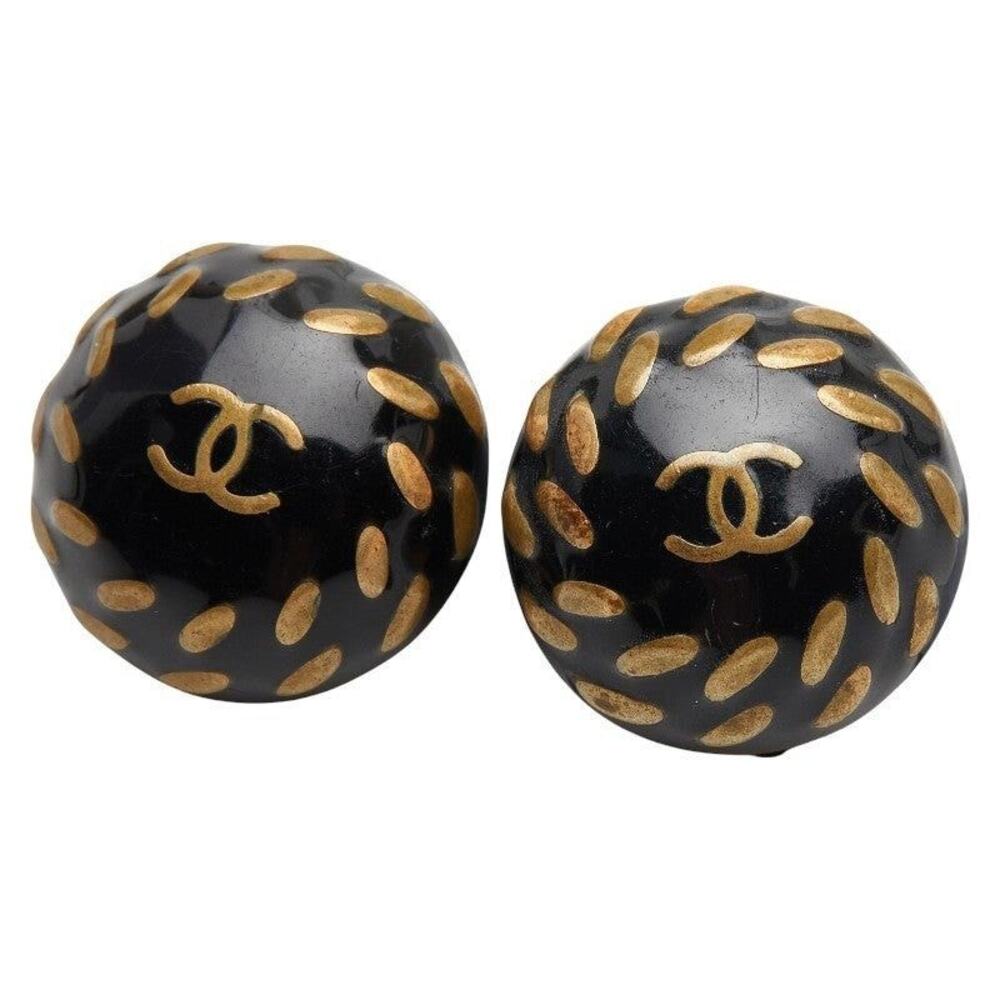 Chanel CC Logo Round Earrings Plastic Plated Black